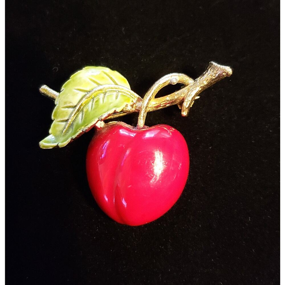 Vintage Enamel Apple Brooch Pin- Red & Green Large‎ - 1.75"- Figural fb1-24 - Picture 7 of 8